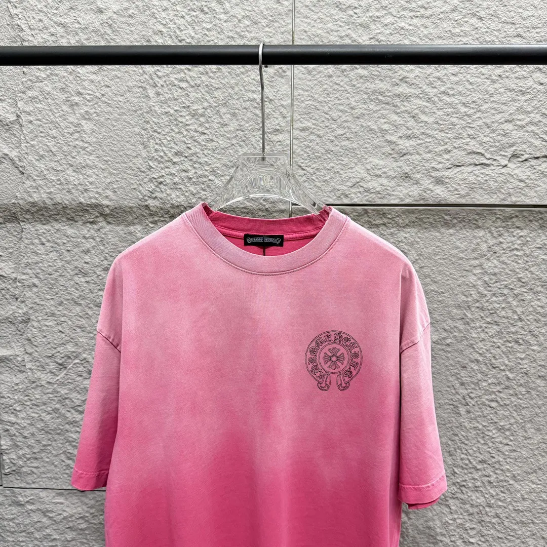 🅿️200 CH Croix Heart 2025 Summer New Style Heavy Acid Washing Gradient Distressing Chest Logo Classic Embroidery Customized Fabric Short Sleeve T-shirt Unisex Size: S M L XL XXL Five Codes (European Code) Color: Gradient Black Gradient Pink Gradient Blue